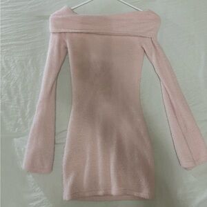White Fox Boutique Blush Pink Off-Shoulder Fuzzy Bodycon Dress